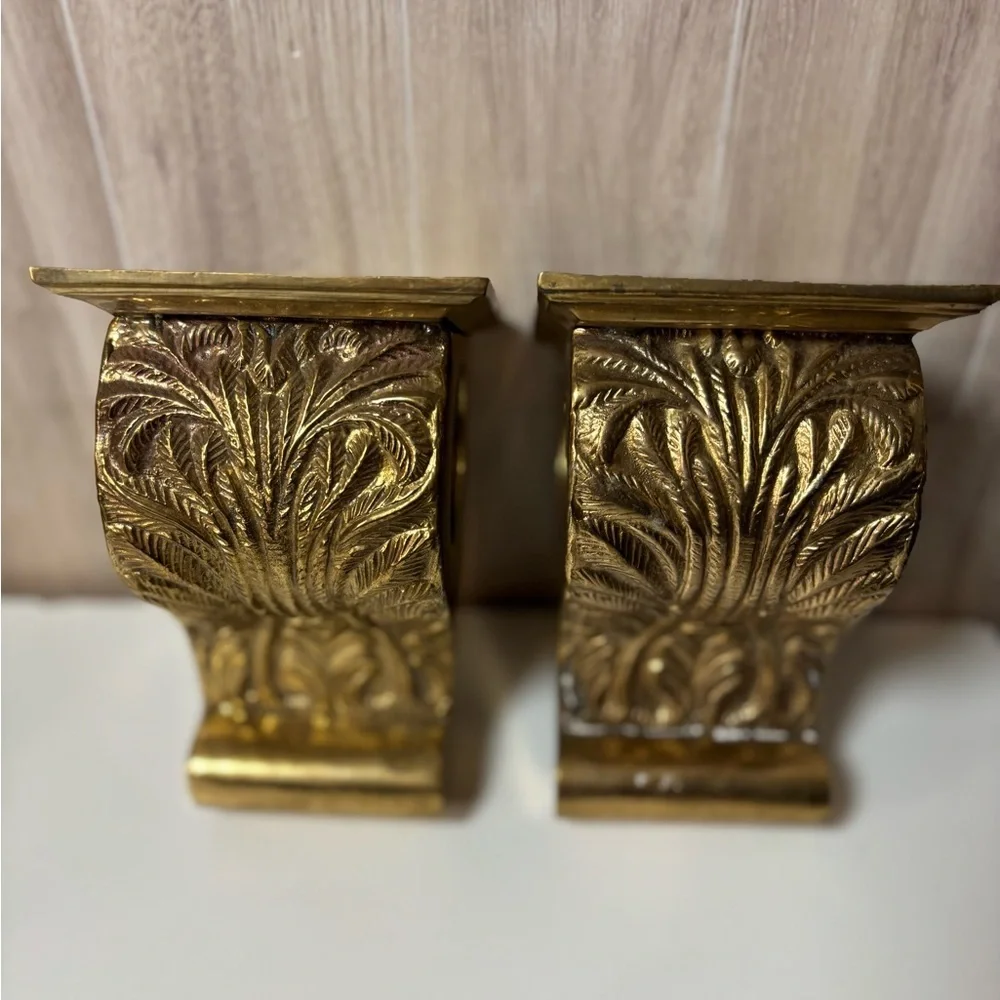 Ornate Brass Mid Century Curtain Rod Drapery Wall Corbels